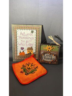 Autumn Decor Set With "Blessings" Sign "Give Thanks" Plaque & Orange Floral Pot